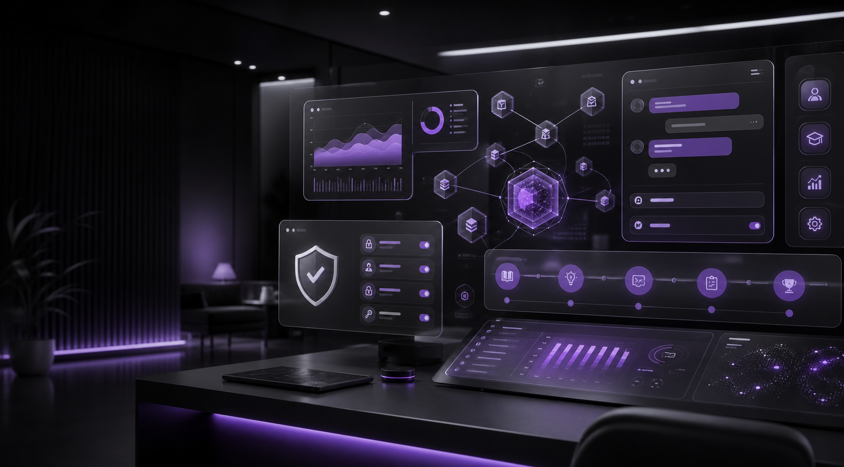 Enterprise AI operations dashboards with purple analytics and governance controls