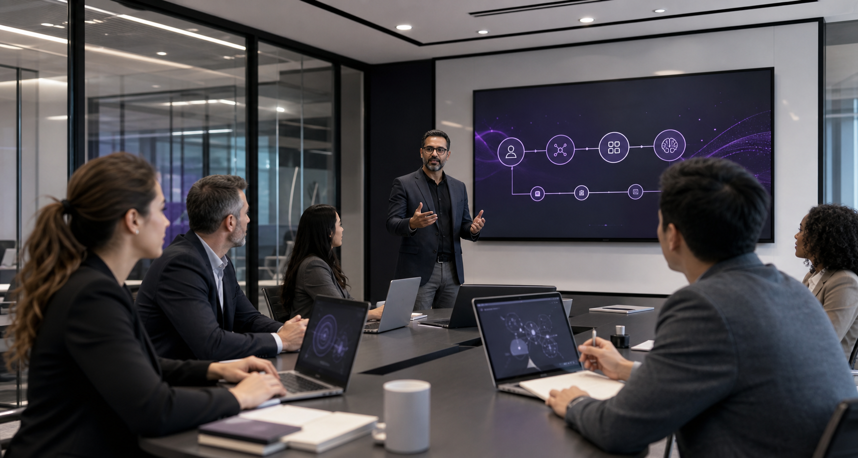 Corporate AI training workshop with instructor and professionals