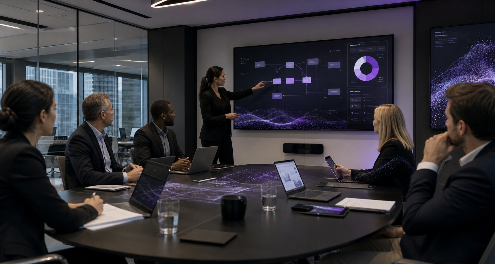 Corporate AI consulting workshop with executives reviewing governance dashboards